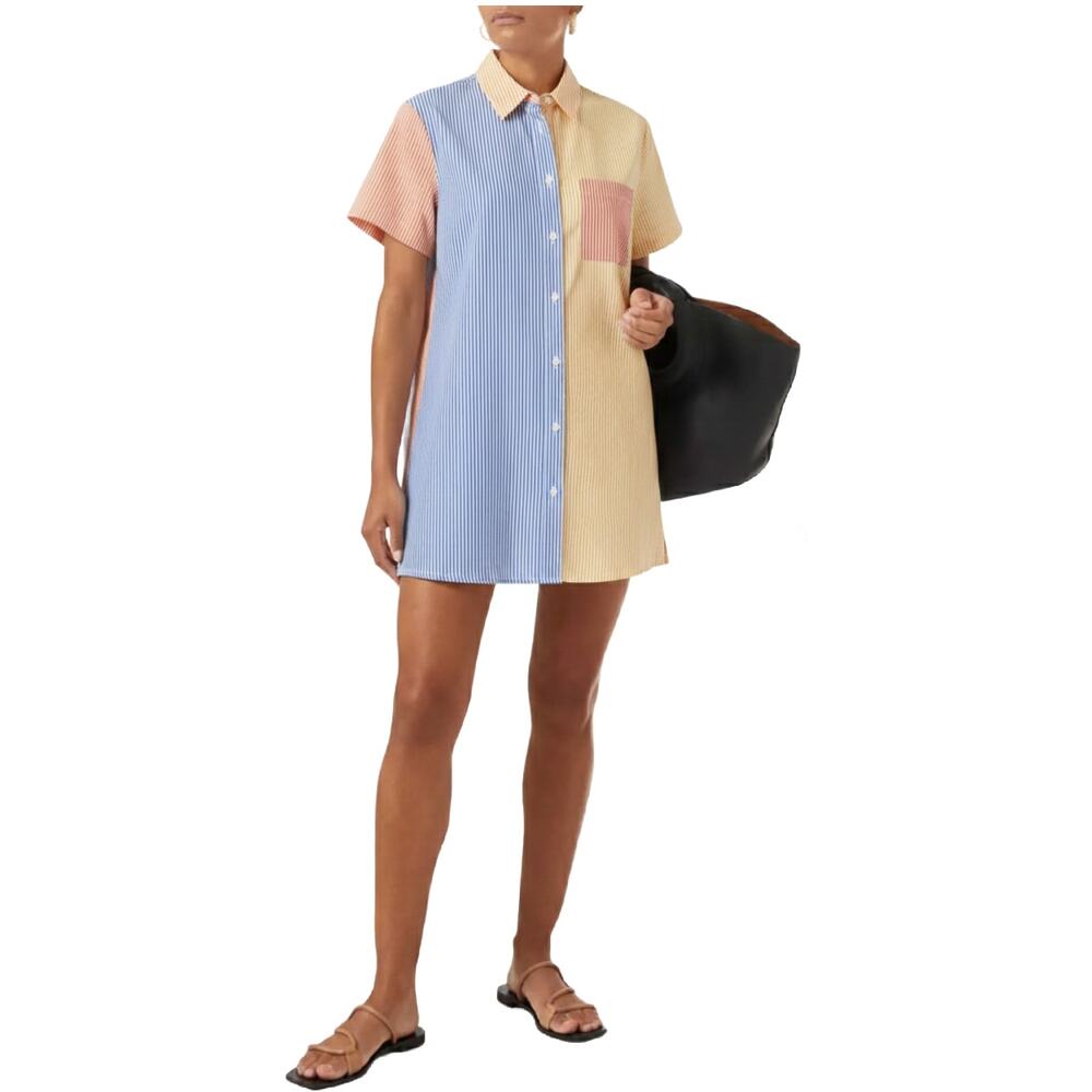 SOLID & STRIPED Cabana Mini Shirt Dress Medium Blue Orange Yellow Stripe Resort